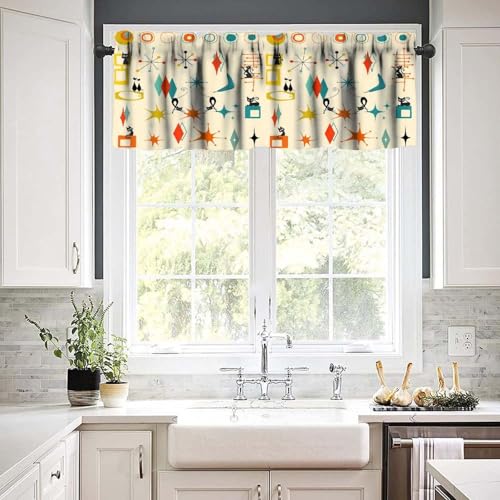Image of Mid Century Cat Window Valance Curtain, Retro Atomic Starburst Vintage Stars 50 60s Abstract Geometric Space Window Treatment Valances for Home Kitchen Cafe Decor 54'x18', 1 Panel