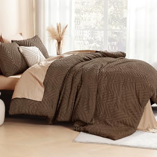 Image of Litanika Brown King Size Comforter Set, 3 Pieces Tufted Boho Farmhouse Bedding Comforter Sets, Lightweight Fluffy Comforter Bed Set for All Season (104x90In Comforter and 2 Pillowcases)