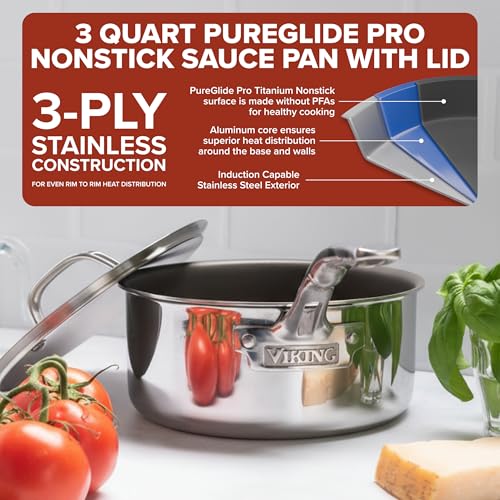 Image of Viking PureGlide Pro 3-Ply Nonstick Sauce Pan, Made without PFAS, 3-Quart Induction Cooking Pot with Lid, Metal Utensil Safe Titanium Nonstick Surface, Oven Safe to 600F