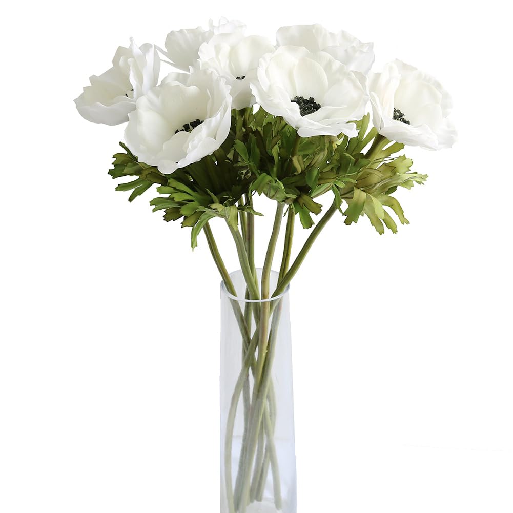 MUFEN 7PCS Anemone Artificial Flowers Real Touch Silk Flower Wedding Bride Bouquet DIY Home Decor (White)