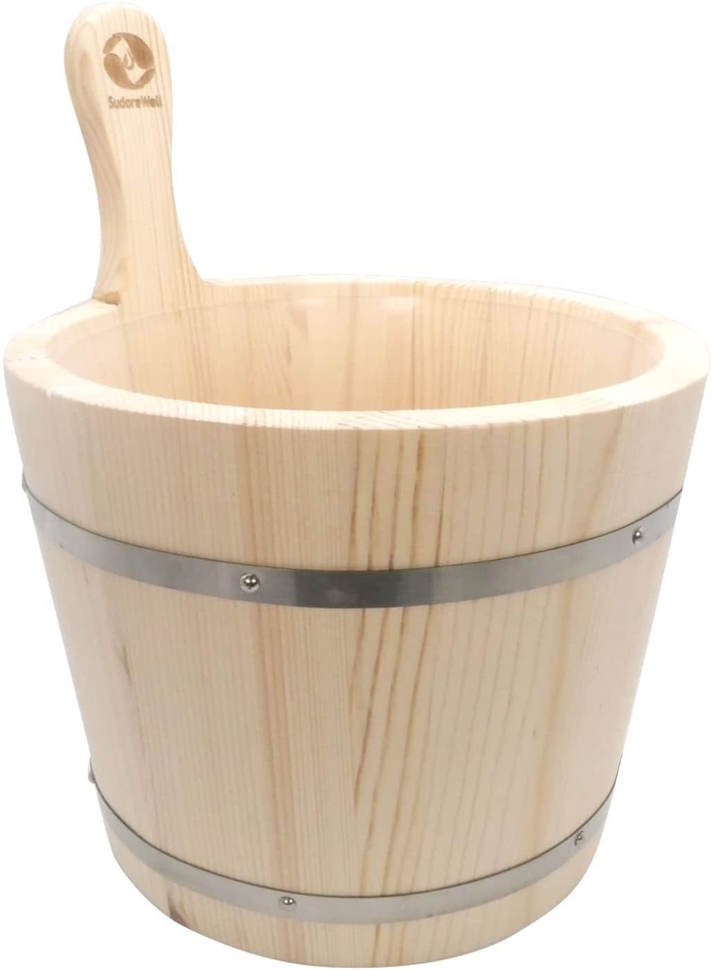 Cubo para sauna de 5 litros de madera de pino con inserto de plástico y dos tiras de acero