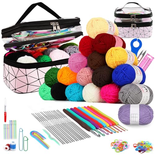 Image of HASTHIP DIY Crochet Hooks Color Yarn Kit with Zipper Bag,Beginners Crochet Kit,Full Sizes Hooks Stainless Steel Multi Color 4-Strand Yarns Rolls & Assorted Essential Tools