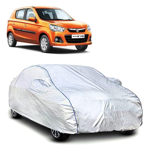 Image of Kerwa Car Body Cover Waterproof Compatible with Maruti Alto K10 | Scratch Proof, Anti-Dust, UV Protection | Windproof Buckle Strap | Fitted Bottom Elastic | Side Mirror Pockets-Black