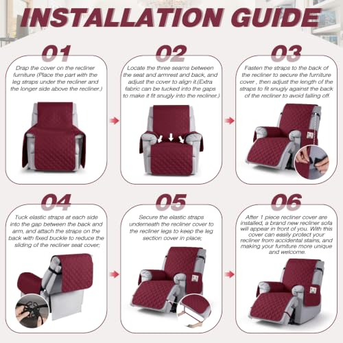 Image of TAOCOCO 100% Waterproof Recliner Covers With Leg Straps, Reversible Recliner Couch Cover For Reclining Chair, Washable Couch Protector For Pets Kids (1 Seater 22 inch, Wine)