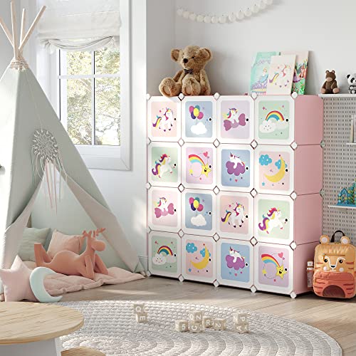 SONGMICS Regalsystem mit 16 Würfeln, Aufbewahrungsschrank für Kinder, Kleiderschrank mit Türen, Schuhregal aus Kunststoff, Steckregal, Mehrzweck, Schuhe, Spielzeug, 123 x 31 x 123 cm, rosa LPC906P01