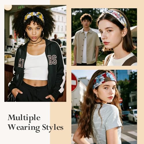 Image of HSEM Headbands for Women 6-Pack - Boho Flower Wide Head Bands, Non-Slip Thick Hair Bands - Large Knotted Soft Stretchy Sweatbands for Workout, Washing Face, Makeup, Running, Spa & Yoga