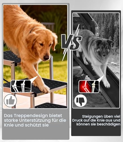 Hundetreppe Auto, Hunderampe Auto klappbar, Haustiertreppe mit Hundeliftgeschirr, 5 Stufen Hundetreppe Große Hunde bis 80kg, Rampe Hunde Treppe für die Für Kleine, Mittlere, Große