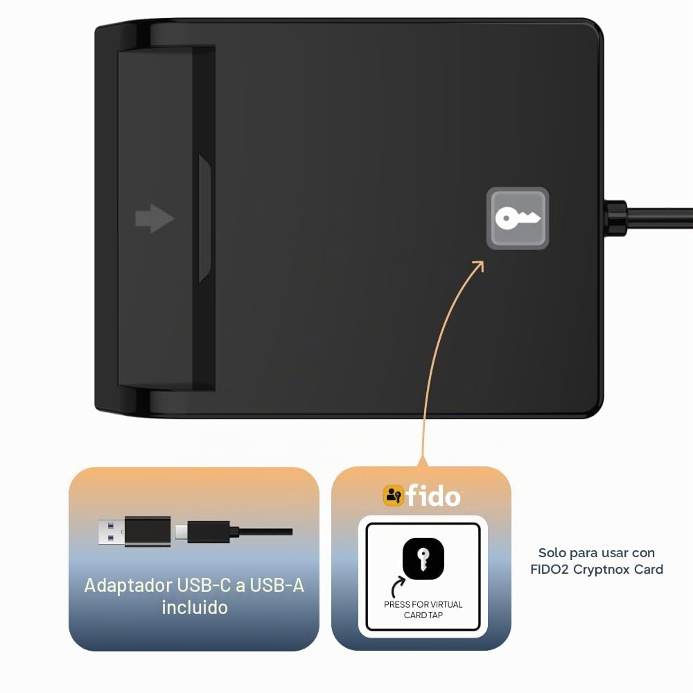 Lector de tarjetas inteligentes de contacto - Lector de tarjetas inteligentes USB con botón virtual para FIDO2 (solo Windows, Cryptnox Cards) - Compatible con Windows, MacOS y Linux - CCID, ISO7816