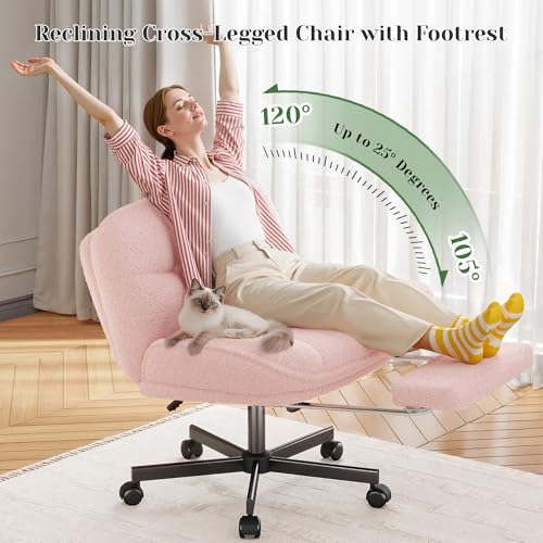 Image of DurayLoly Criss Cross Office Chair with Footrest, 6.3 inch Thick Cushioned Cross Legged Office Chair with Wheels, Reclining & Height Adjustable, Swivel Armless Vanity Chair for All-Day Comfort (Pink)