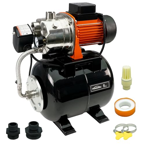 HoldwellS 115V Shallow Well Jet Pump with 5 Gallon Pressure Tank 1320 GPH Stainless Steel Automatic Water Booster Pump with Pressure Switch & Gauge 164ft Max Head 1.5HP Home Irrigation System