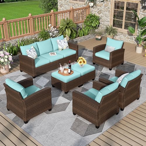 MIXPATIO Patio Furniture Set, 7 Pcs Wicker Rattan Outdoor Conversation Set, 4 x Leg Chairs, 1 x 3 Seater Sofa and 2 x Ottoman with 4