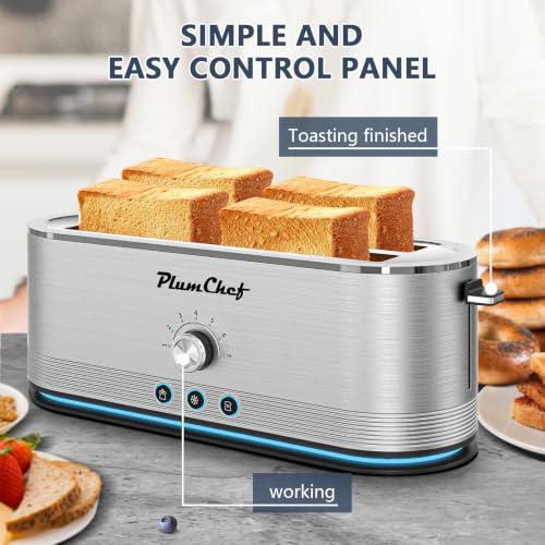 Image of Plum chef 4-Slice Toaster with Light Strip, Extra Long Slot Toaster, 7 Browning Settings, Defrost /Reheat Functions, Removable Crumb Tray, Stainless Steel Housing, Anti-Jam & Self-Centering