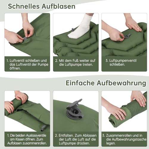 HAUSPROFI Isomatte Camping, Ultraleicht Camping Luftmatratze mit Fußpumpe & Kissen, Aufblasbare Matratze Kompakte und Leichte, Campingmatte für Wandern Strand Outdoor, Grün