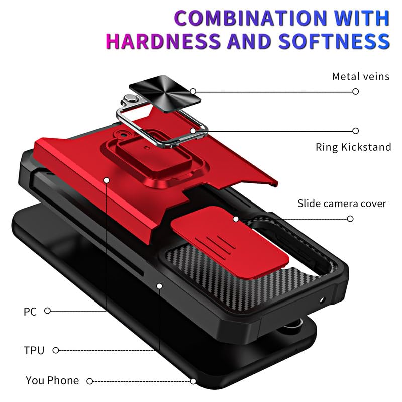 Image of LuxuryKase Shockproof Armor Case for Samsung Galaxy S25 FE | Slide Camera Cover | Hidden Card Slot | Rotating Ring Kickstand | Magnetic Car Mount Support | Military Grade Protection - Red