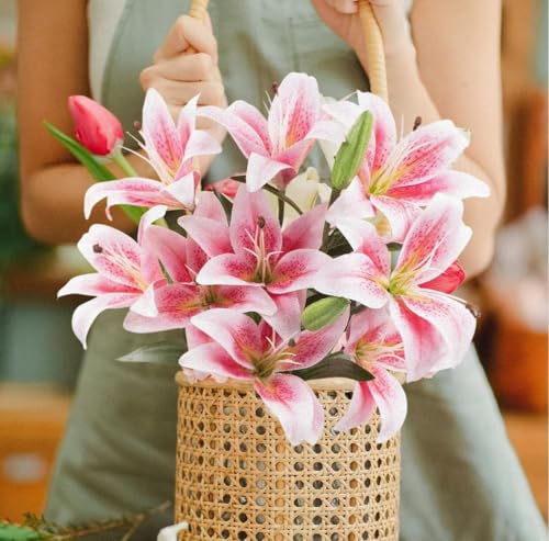 Image of VRB Dec Plastic 1 Pcs (3 Head) Lily Artificial Flowers Bunch Foam Flowers Sticks,Lily Artificial Flowers for Home Decor,Bedroom, Living Room, Table, Balcony, Office, Wedding, Pooja (Pink Color)