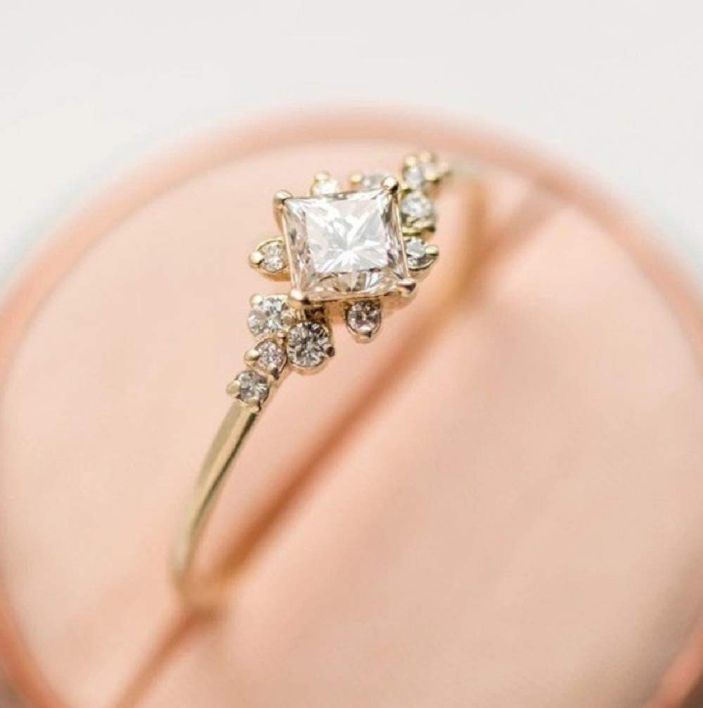 LVSHI Gold Plated Engagement Ring Dazzling Princess Cut White Sapphire 14k Gold Milgrain Ring Wedding Jewelry Size 6-10 (Size 10)