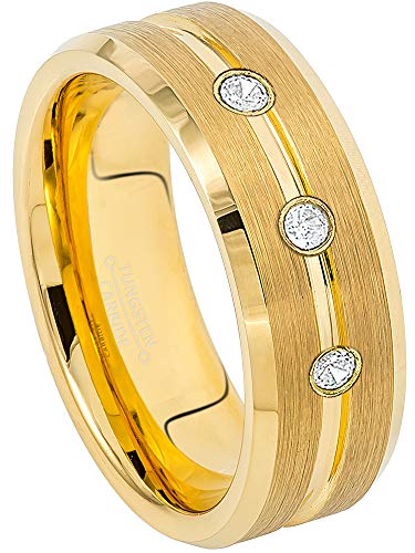 Jewelry Avalanche 8MM Brushed Yellow Gold IP with Grooved Center Tungsten Carbide Wedding Band - 0.21ctw Diamond 3-Stone Tungsten Ring -10.5
