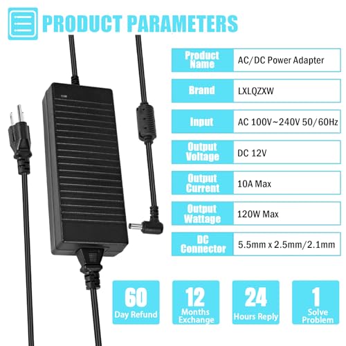AC 100-240V to DC 12V 10A Power Supply Adapter Converter Transformer 12 Volt 10 Amp 120W with 5.5mm x 2.5mm /2.1mm DC Output Jack for 12V 5050 3528 LED Strip Light CCTV Cameras 3D Printer4