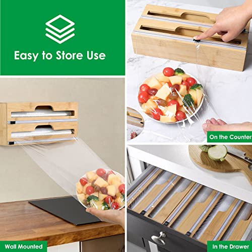 Foto von Folienspender mit Cutter, 3 in 1 Bambus Folienschneider, Frischhaltefolie Abroller Folienspender, Folienabroller, Kitchen Organizer Aufbewahrung für Aluminiumfolie, Frischhaltefolie