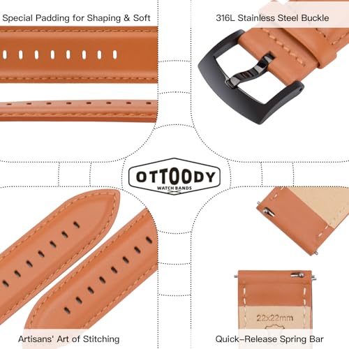 Image of OTTOODY Leather Watch Bands Quick Release, Elegant Top Grain Leather Watch Straps for Men & Women, Choice of Color & Width - 18mm, 19mm, 20mm, 21mm or 22mm Wristbands Bracelet for Watch & Smartwatch