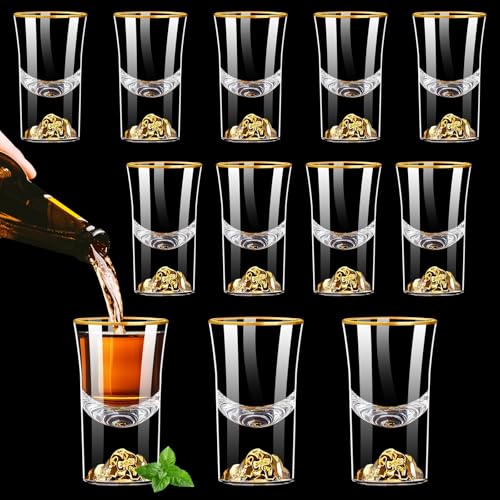 Woobroo Schnapsgläser mit goldfarbenem Rand, 15 ml, 12 Stück, mit 24 Karat Goldflocken – Espresso- und Spirituosengläser mit schwerem Boden für Cocktails, Wodka, Tequila, Liköre, Desserts