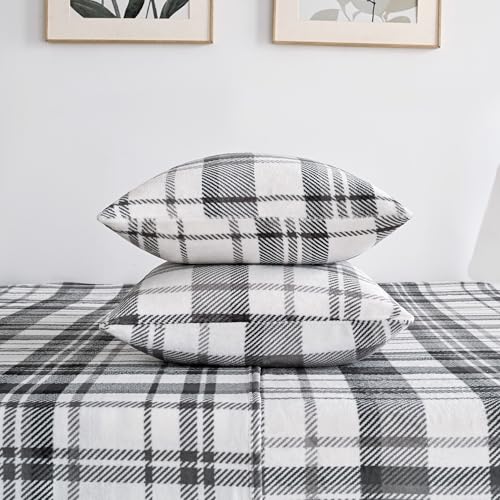 Image of Viviland Plush Microfleece Full Bed Sheet Set, Gray White Plaid | Soft Flannel-like Fleece, 100% Polyester, Fluffy Velvety Feel, 200GSM, 15 inch Deep Pocket, Warm Winter Gift & Decor