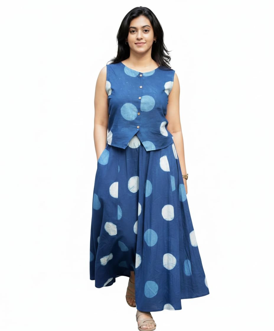 AND Women's Cotton Sleeveless Short Top with Skirt Set A-Line Maxi Dress | Ethnic Fusion Long Dress in neutral