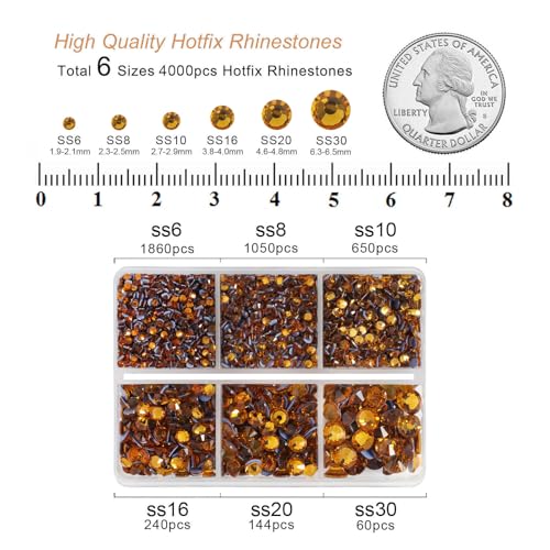 Image of BEADSLAND Hotfix Rhinestones, 4000 PCS Topaz Rhinestones for Clothes Crafts Mixed 6 Sizes with Wax Pencil and Tweezers Kit, SS6-SS30, Topaz