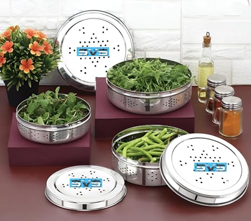 Image of Stainless Steel Green Coriander Storage Box Curry Leaves Box Set, Sprouts with air Ventilation Food containers Silver Dabba Flat Box Steel Dabba (set of 3)