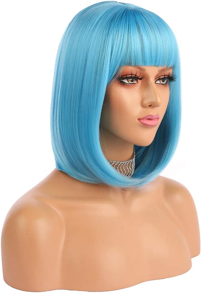 Short Bob Hair Wigs 12" Straight with Flat Bangs Synthetic Colorful Cosplay Daily Party Wig for Women Natural As Real Hair+ Free Wig Cap (Blue)