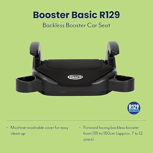 Graco Booster Basic R129 Backless Booster Car Seat, Lightweight at only 1.4kg, Suitable from approx. 7 to 12 years (135-150cm), Black fashion