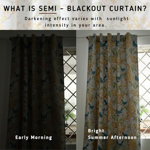 Image of Tranquebar Curtain Co. Semi Blackout Curtains 5 Feet for Window, 80% Blackout, Blue Yellow Floral & Bird Print, Semi Blackout Window Curtains, Heavy Polyester, BackTabs, Veya (152 cm) - 1 Piece