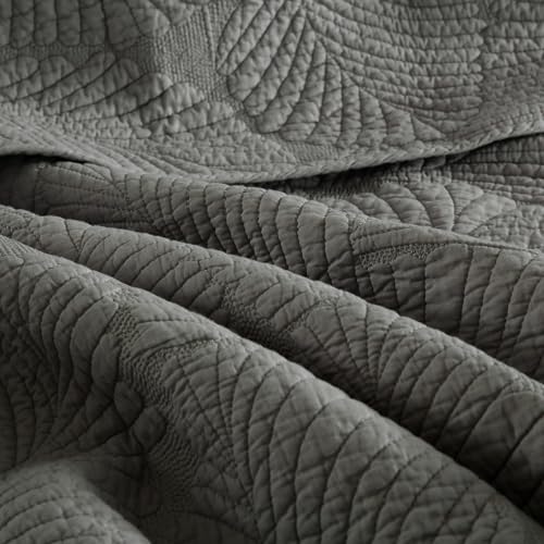 Colcha de algodón transpirable mixinni gris estampado palmeras queen 5