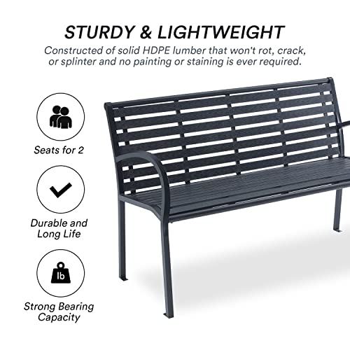 Vicllax Outdoor Garden Bench, 47" Metal Bench Steel Frame With Slatted Backrest And Seat For Porch, Lawn, Balcony, Backyard And Park, Black #TOP3