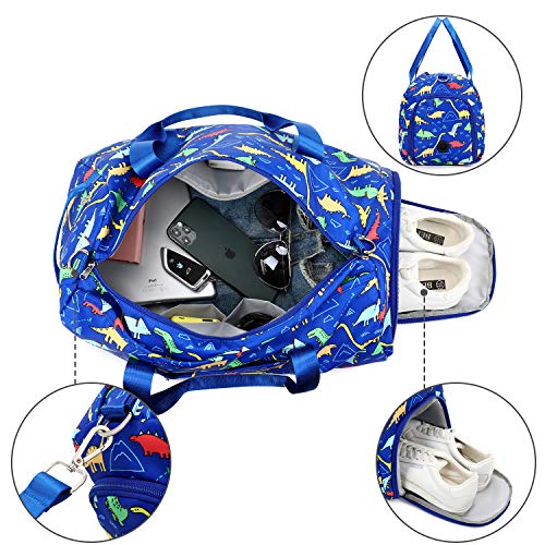CAMTOP Kids Overnight Duffel Bag for Boys and Girls Carry-On Size Tote for Travel Gym Sport (Dinosaur-Dark Blue)