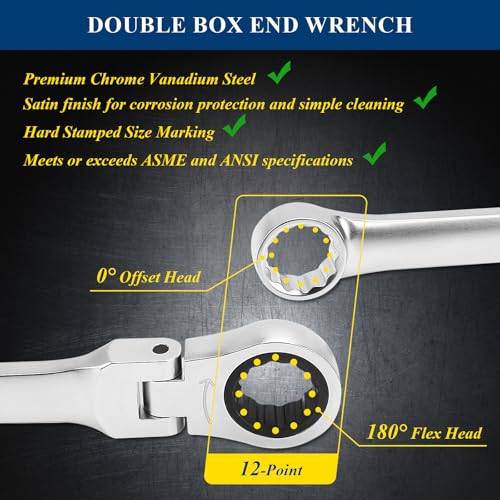 Image of PRIDE&CRAFT 10-Piece Extra Long Ratcheting Wrench Set - Metric Flex Head Double Box End (8-19mm) 2X Longer Wrenches, Chrome Vanadium Steel with 90-Tooth Ratchet for Automotive Repair