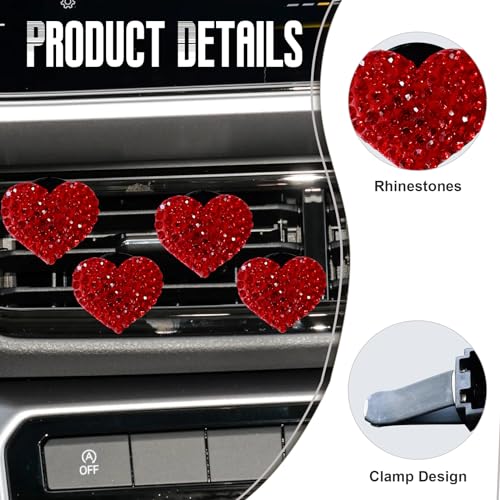 Image of NTNEV 4PCS Car Bling Air Vent Clips, Car Air Conditioner Air Outlet Clip, Heart Shaped Crystal Rhinestone Accessories, Universal Car Decoration Accessories, Air Conditioning Outlet Clip (Red)