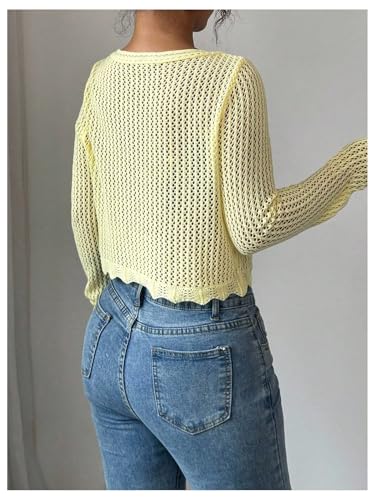 OYOANGLE Women's Hollow Out Crochet Cropped Cardigans Long Sleeve V Neck Button Down Knit Tops3