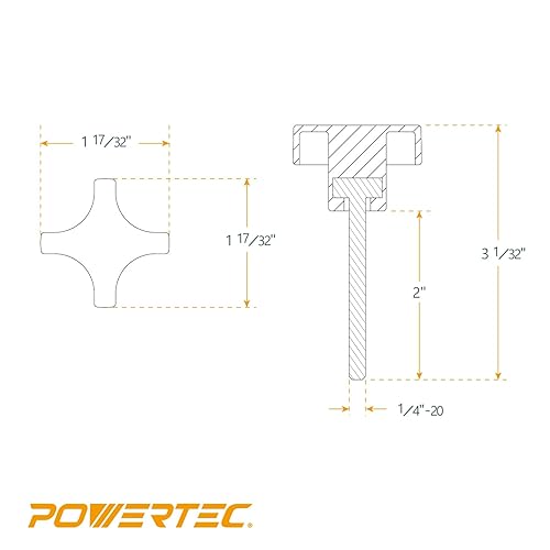 Miniatura 3 de POWERTEC QNB3011 - Paquete de 5 perillas de 4 puntos de 1/4"-20 con perno roscado de 2", perillas de tornillo de pulgar con pernos para cortacésped