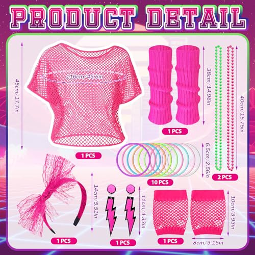 Shepinsky 80s Fancy Dress for Women,1980s Fancy Party Costumes Accessories Set,80s Outfits Neon Mesh T-Shirt,Leg Warmers Fishnet Gloves Headband Earrings Bracelets Necklaces for Retro Party Dress up