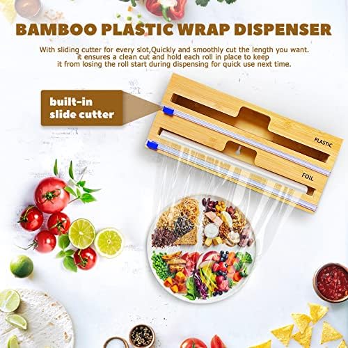 QINGLOU Wrap Dispenser with Cutter and Labels, Wax Paper,Foil and Plastic Wrap Organizer for Kitchen Drawer,Bamboo Roll Organizer Holder,Compatible with 12" Roll (2 in 1)