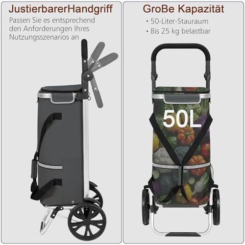 AMHANCIBLE Einkaufstrolley, Einkaufswagen mit Kühlfach, 50 Liter, 3in1klappbar Trolley, Einkaufstasche mit Rollen, Handwagen, Tasche abnehmbar, Grau EHSC01GY – Bild 5