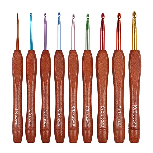 Coopay Agujas de Ganchillo, 9 Unidades Agarre Suave Ergonómicos, Ganchos de Ganchillo Ligeros para Manos Artriticas, Juego de Ganchos de Ganchillo de Metal con Mango de Madera