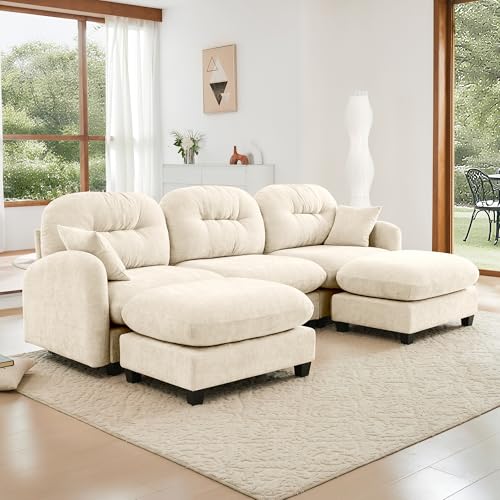 Image of KEIKI 107 inch U-Shaped Oversized Chenille Modular Sectional Sofa with 2 Ottoman, High-Density Foam Cushions, Tufted Pleated Cushion Backrest, Modern 3-Seater Couch with 2 Pillow, for Living Room, Beige