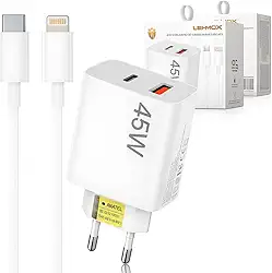 Carregador Iphone Super Turbo 45W - 2 Saídas USB-C e USB-A, acompanha Cabo Lightning Emborrachado de 1M Ultra Rapido (Tipo-C para IOS), Compatível com iPhone 8 ao 14 - Certificado ANATEL