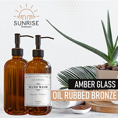Image of Sunrise Premium 2 Pack Amber Glass Soap Dispenser 16 OZ with Oil Rubbed Bronze Stainless Steel Pump, Hand and Dish Soap Dispenser Set for Bathroom and Kitchen Sink with 6 Waterproof Labels