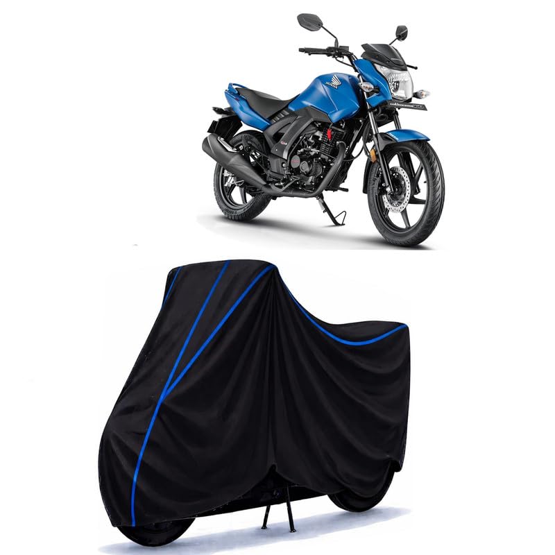 Image of CB Unicorn 150 Bike Cover Water Resistant Universal Motorcycle Rain | Heavy Duty UV Protection, Dust, Scratch Indoor Outdoor All Weather with Black Blue Piping Elastic