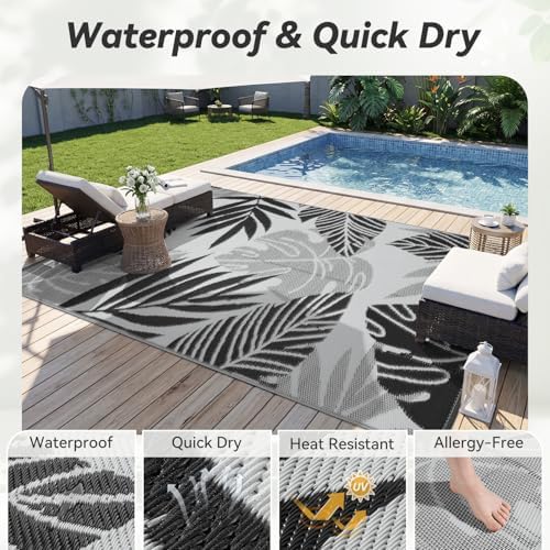 Outdoor Rug-Patio Rug 5x8 ft Waterproof Outdoor Carpet Reversible Portable Outdoor Patio Rugs Camping Mat for Patio Camping Rv Picnic Backyard Deck Balcony Beach Rug,Grey & Black — view 4