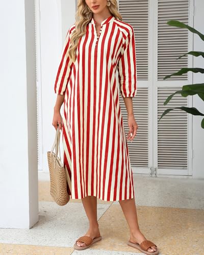 Image of YEXPINE Women Summer Striped Button Down Long Maxi Dress Loose Fit 3 /4 Sleeve Cotton Caftan Shirt Dress with Pocket
