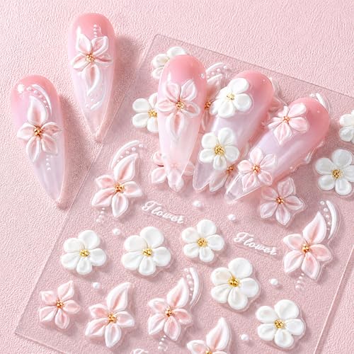 5D Embossed Flower Nail Stickers for Nail Art Pink White Lily Flower Nail Decals 3D Pearl Gems Nail Design Stickers Self-Adhesive Spring Flower Acrylic Nails Supply for Women DIY Manicure Decoration